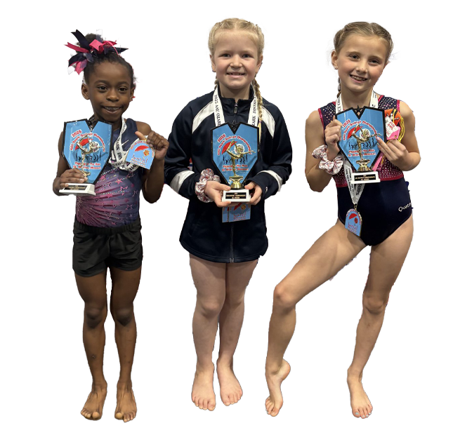 03 Three young girls holding their medals in a row.